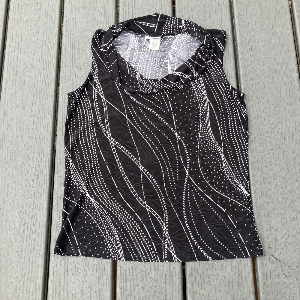 Vintage black and white cowl neck tank top with swirly line print, Y2K 90s